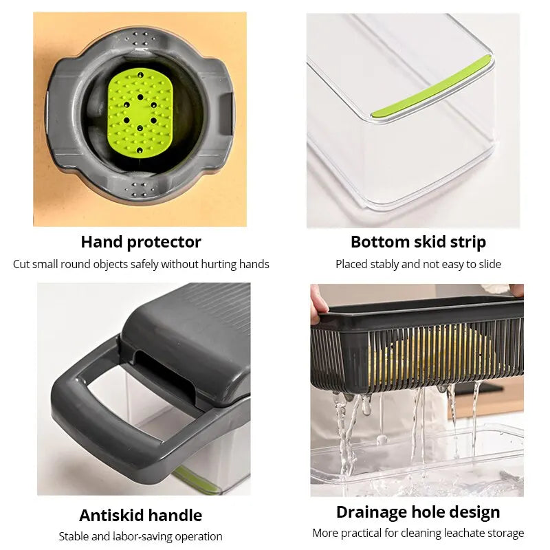 12-in-1 Multifunctional Vegetable Slicer and Shredder with Basket - Green and Black Fruit and Potato Chopper and Carrot Grater
