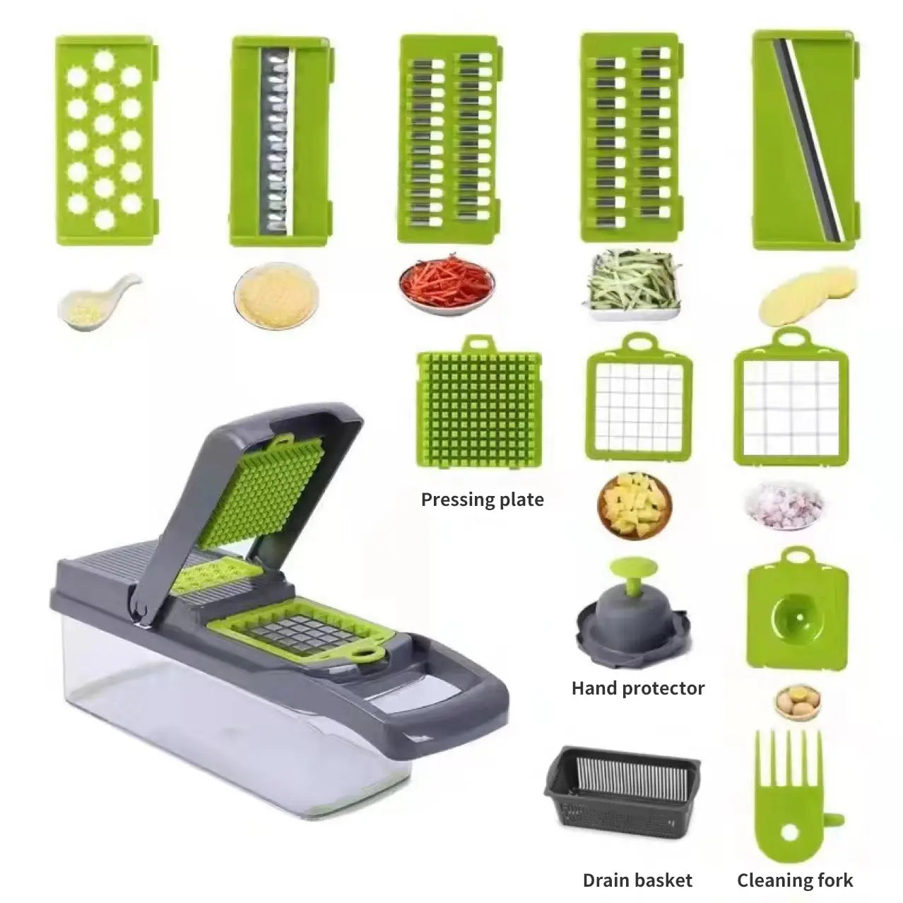 12-in-1 Multifunctional Vegetable Slicer and Shredder with Basket - Green and Black Fruit and Potato Chopper and Carrot Grater