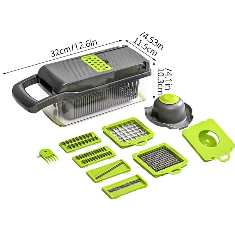12-in-1 Multifunctional Vegetable Slicer and Shredder with Basket - Green and Black Fruit and Potato Chopper and Carrot Grater