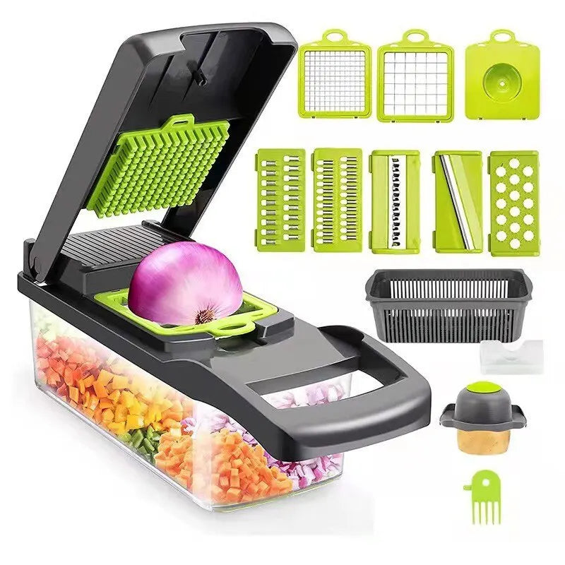 12-in-1 Multifunctional Vegetable Slicer and Shredder with Basket - Green and Black Fruit and Potato Chopper and Carrot Grater