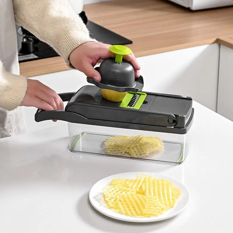 12-in-1 Multifunctional Vegetable Slicer and Shredder with Basket - Green and Black Fruit and Potato Chopper and Carrot Grater