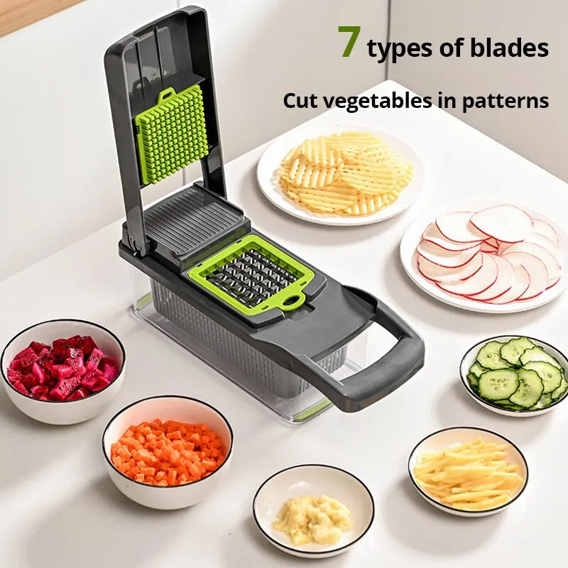 12-in-1 Multifunctional Vegetable Slicer and Shredder with Basket - Green and Black Fruit and Potato Chopper and Carrot Grater